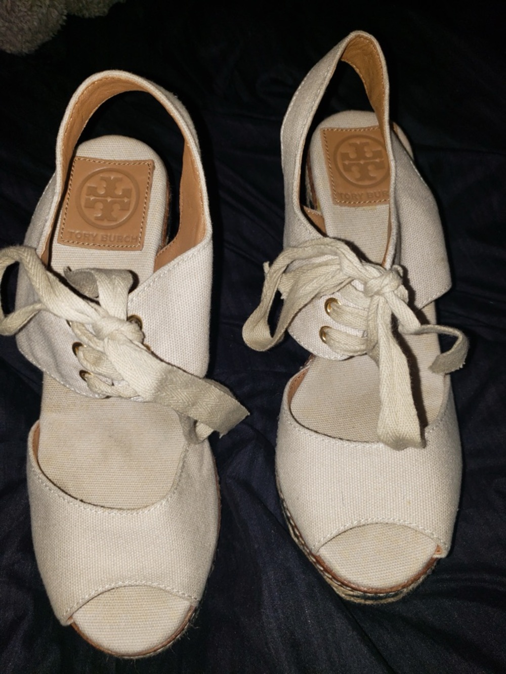 Tory Burch Natural Canvas Lace-Up Espadrille Wedges